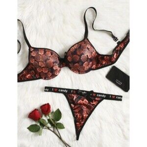 2X Plus Size Red Floral Letter Print Underwire & V-String Lingerie Set